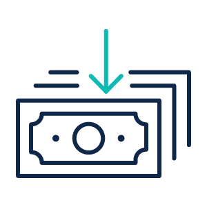 Icon of multiple dollar bills with an arrow pointing down to the bills