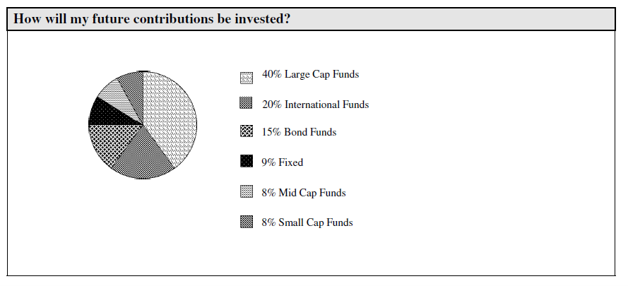 How will my future contributions be invested? 40% Large Cap Funds 20% International Funds 15% Bond Funds 9% Fixed 8% Mid Cap Funds 8% Small Cap Funds